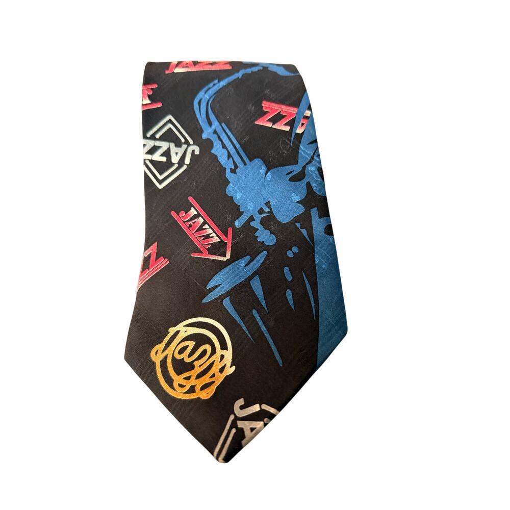 Wembley Jazz Novelty Tie Black Blue Music Instruments Abstract Print